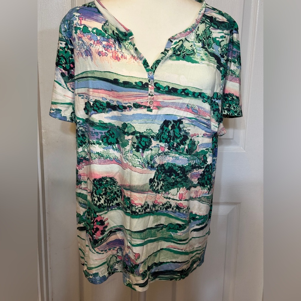 Karen Scott Green Artsy Pink Graphic Comfy Colorful Polo Tee Shirt Top Size XXL